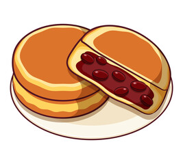 Japanese imagawayaki pancake illustration vector. Soft and fluffy Obanyaki (Japanese Stuffed Pancake) cartoon icon vector. 
Japanese dessert pancake with red bean. Japanese pancake recipe obanyaki.
