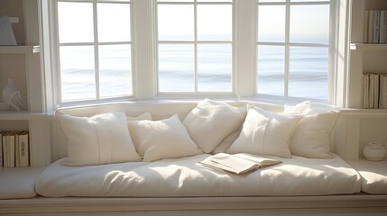 This serene reading nook features a window seat with soft cushions and a stunning view of the ocean, inviting relaxation and tranquility during sunny days