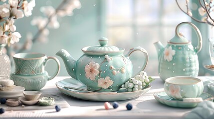 Fototapeta premium Vintage tea set arranged with teapot, creamer, sugar bowl, cup, and plate adorned with berries in pastel blue on a light grunge surface.