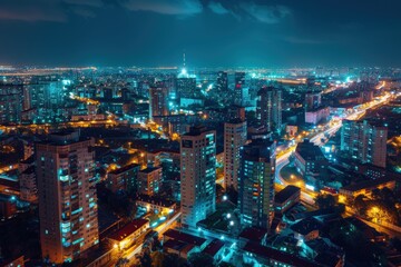 Energy-Efficient LED Streetlights in a Vibrant Nighttime Cityscape for Urban Design Posters