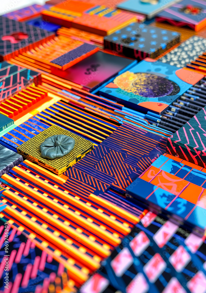 Poster a close up of a colorful patterned surface with a blue button on it