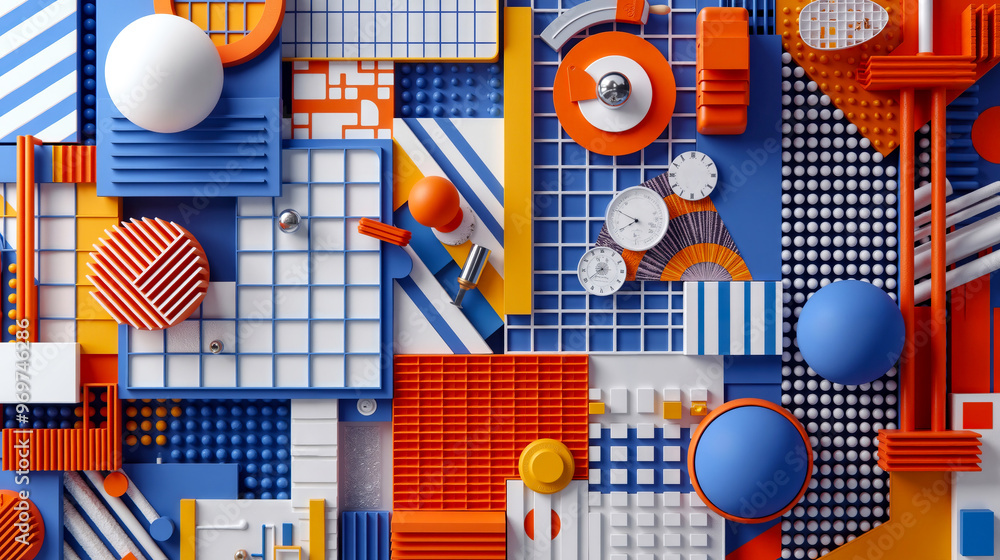 Poster an orange, blue and white abstract background with various objects