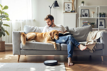 A man sitting on a couch with his dog and reading a book
