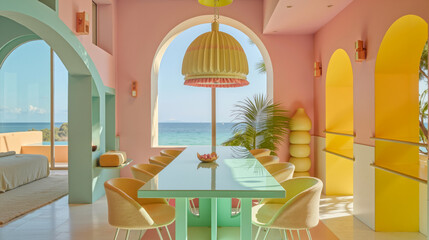 A dining room with a table and chairs in front of a large window