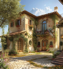Fototapeta premium Step into a serene, sunlit Italian villa surrounded by lush greenery and vibrant flowers