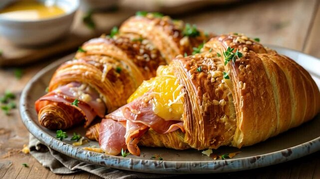 A close up of a delicious croissant filled with ham and cheese, beautifully plated, showcasing culinary artistry and inviting presentation