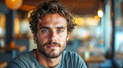 Obraz premium A man with curly hair and a beard sitting at a table