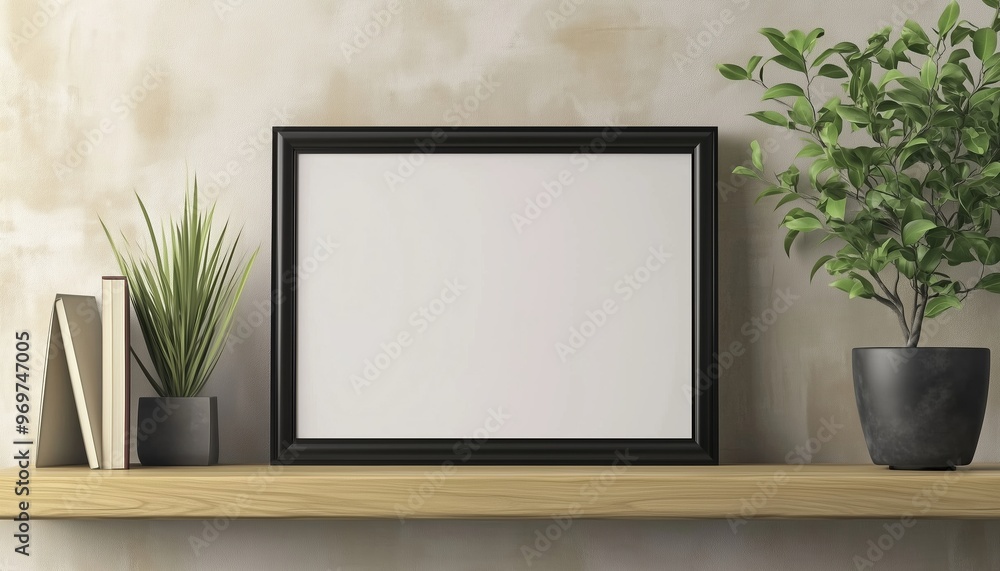 Poster empty black photo frame on shelf or table: horizontal diploma frame mockup with certificate. picture