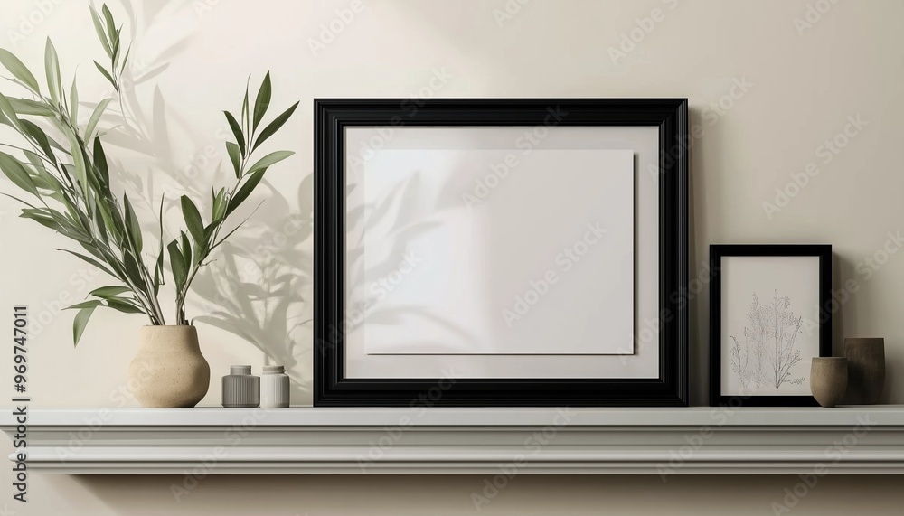 Poster empty black picture frame mockup on shelf or table for horizontal diploma certificate display. perfe