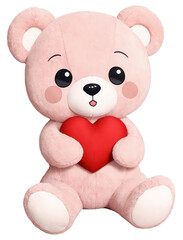 Fototapeta premium Adorable pink teddy bear holding a red heart on a transparent background