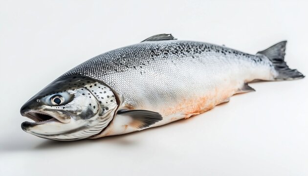Fresh Atlantic Salmon Carcass: Gutted And Eviscerated, Ready For Cooking. Healthy And Delicious Seafood Option. Whole Fish On White Background.