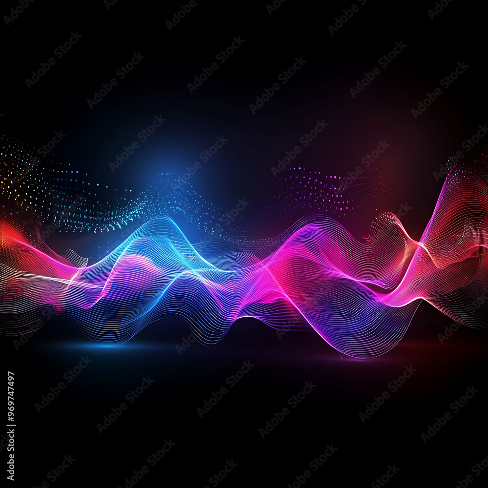 Poster dark abstract background with glowing abstract waves, sound wave, generative ai