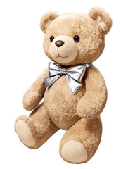 Obraz premium Brown teddy bear with silver bow tie on a transparent background