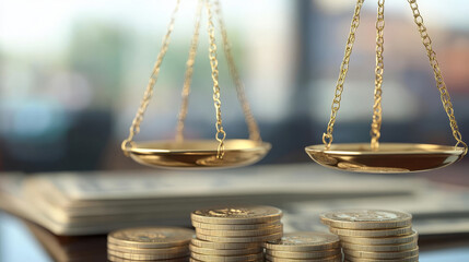 Symbolic representation of justice with golden scales and coins, reflecting financial law and equity in business decision-making.