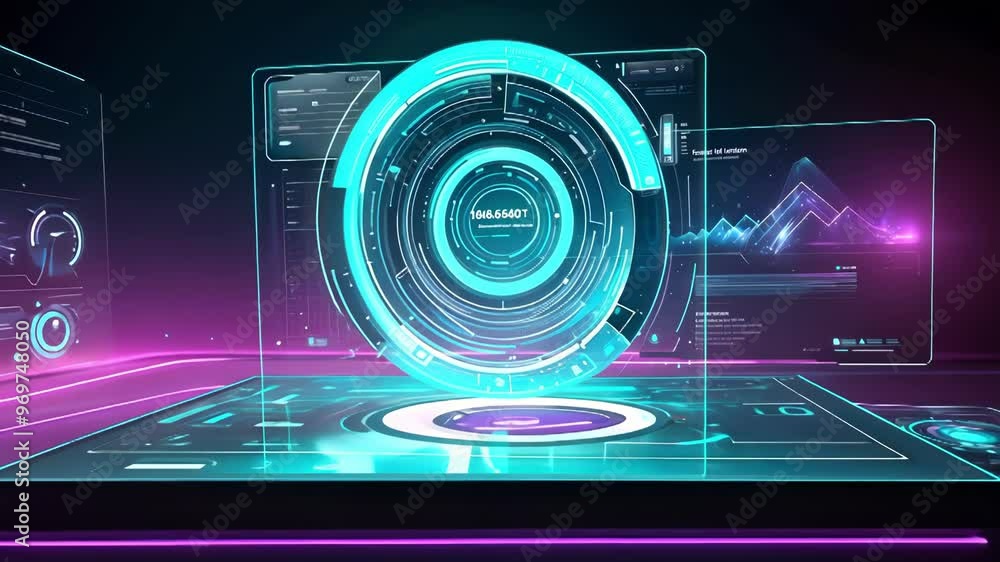 Poster futuristic holographic interface displaying digital data and graphics, highlighting technology and d