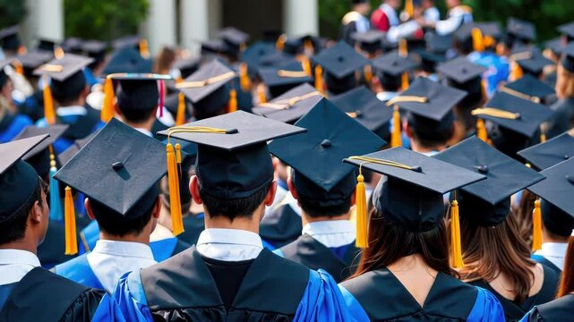 A vibrant graduation ceremony showcasing graduates in caps and gowns celebrating a significant educational milestone