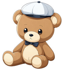 Fototapeta premium Brown teddy bear with black bow tie and hat sitting on a transparent background