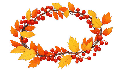 Autumn leaves wreath with red berries on a transparent background