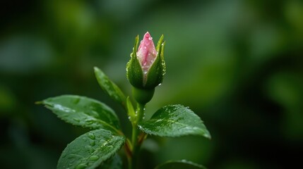 Close up of a Pink Rose Bud with Water Drops on Green Leaves