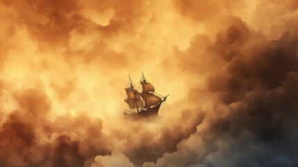 Fototapeta premium Ship Sailing Through Dramatic Orange Clouds
