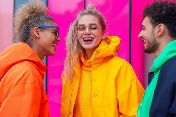 Three friends laughing together, wearing bright orange, yellow, and green jackets against a vibrant pink background. Youthful energy and urban fashion trends in a lively, fun setting.