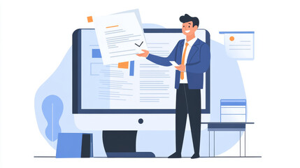 A businessman is demonstrating how to verify online documents. This represents the importance of company policies, rules, legal advice, and official documents.