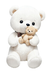 White teddy bear with brown bow and a small brown teddy bear in its arms on a transparent background