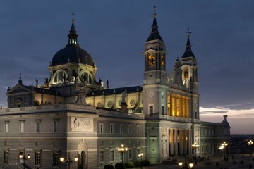 Night view of Almudena Cathedral in Madrid