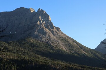 Mountain landscape with clear blue sky and forest.
