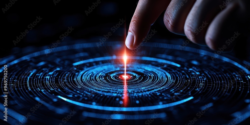 Poster a close-up of a finger pointing at a glowing digital interface, symbolizing technology, innovation, 