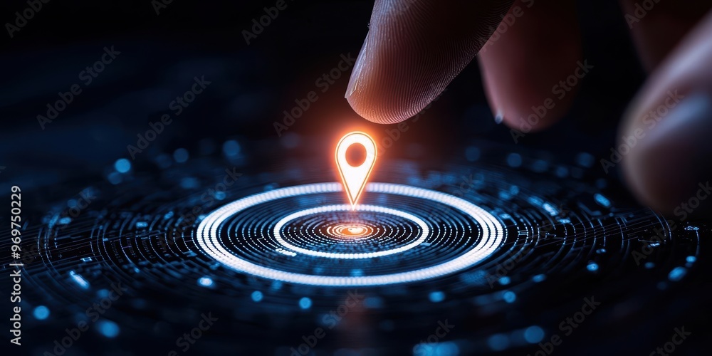 Poster a close-up of a finger placing a glowing location pin on a digital map, symbolizing navigation and m