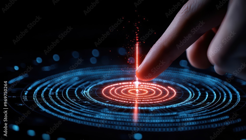 Poster a close-up of a finger touching a digital interface with glowing circles and lines, symbolizing tech