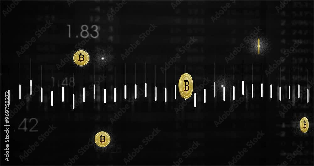 Poster animation of bitcoin currency icons financial data processing over binary coding