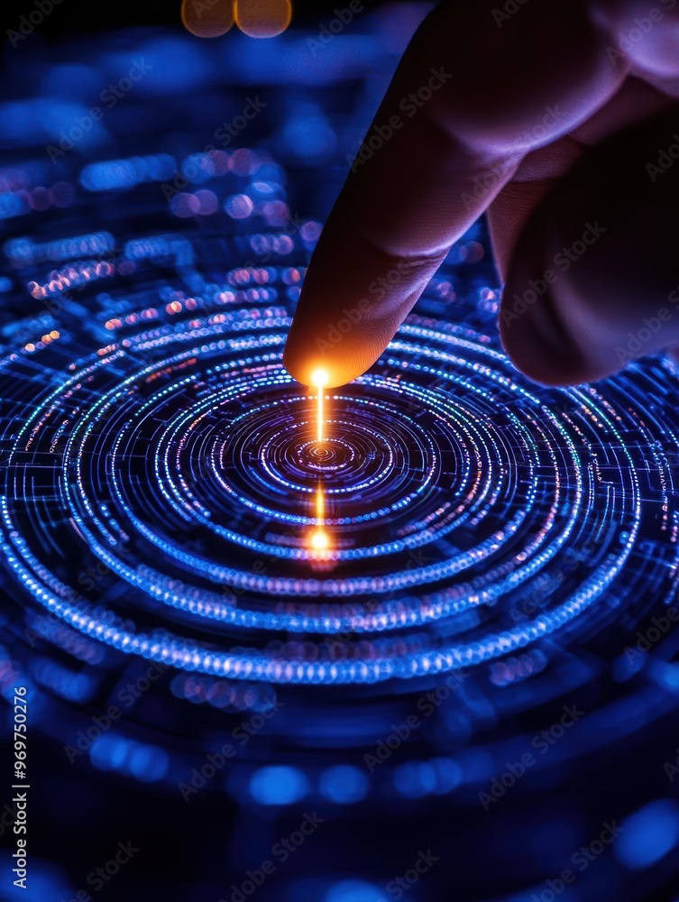 Poster a close-up of a finger touching a glowing circle in a digital interface, symbolizing technology and 