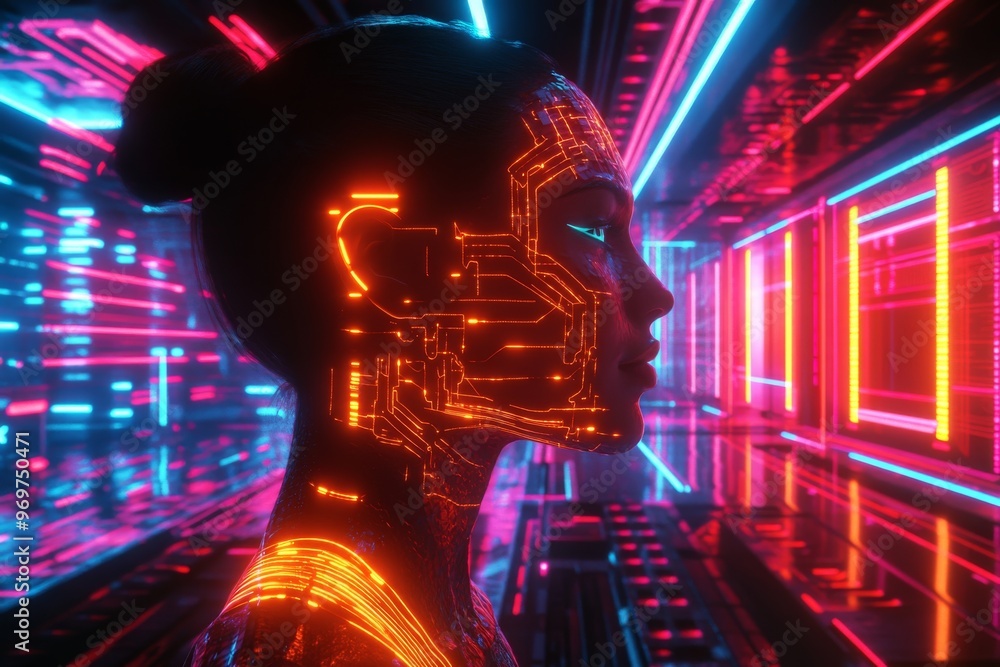 Poster cybernetic system cyber augmentation automation advanced technology and neural communication female 