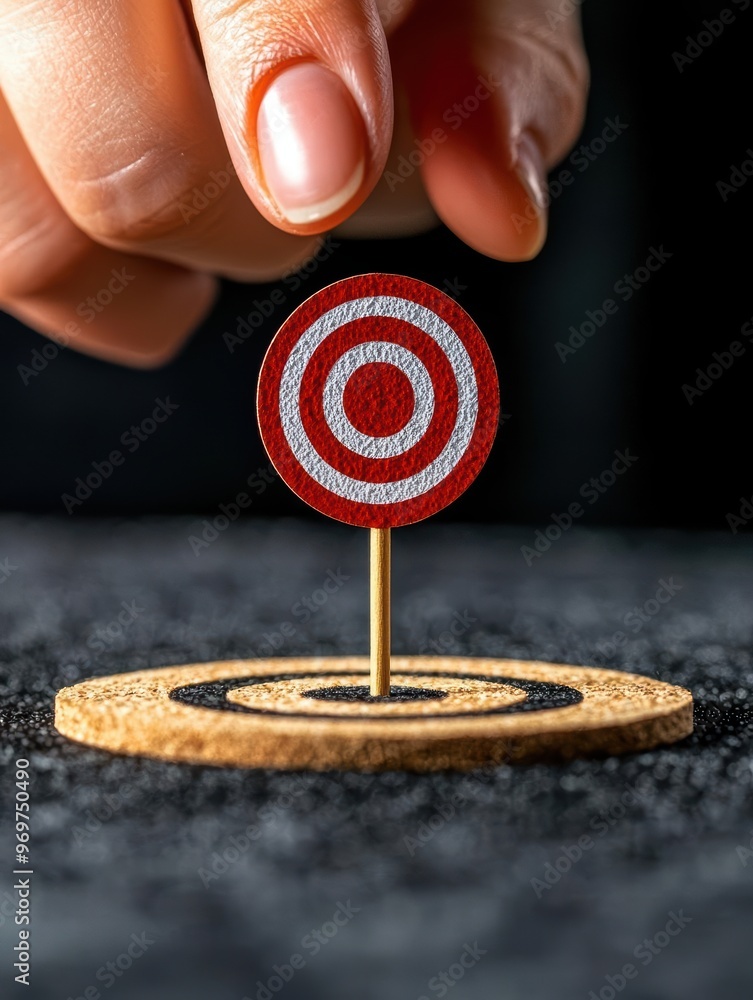 Poster a close-up of a hand placing a dartboard target on a textured surface, symbolizing focus, precision,