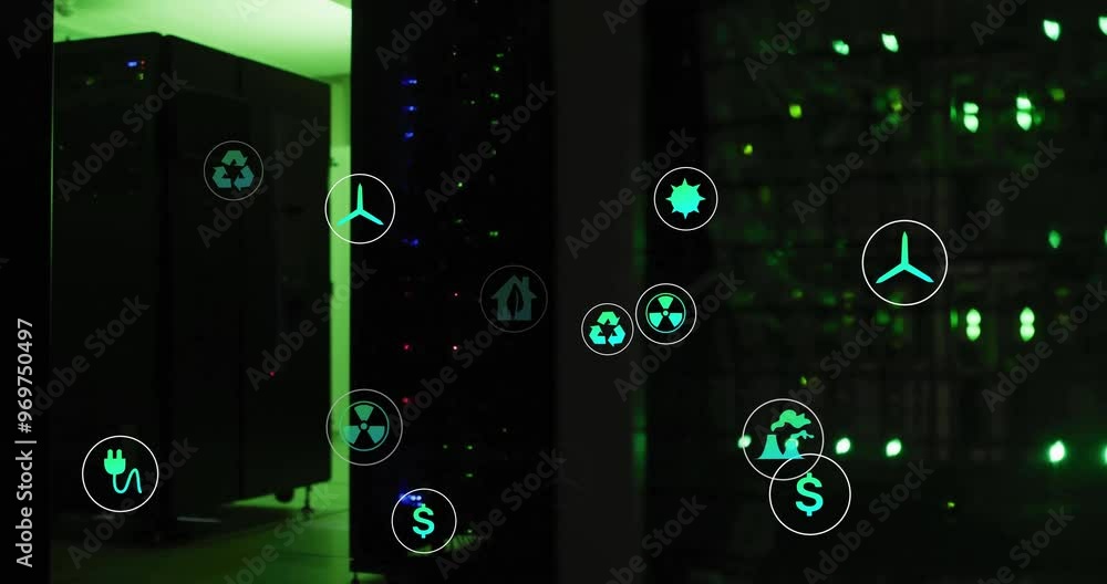 Poster animation of eco icons and digital data processing over computer servers