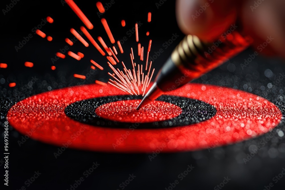 Poster a close-up of a hand using a tool to create sparks on a vibrant red target surface, showcasing preci