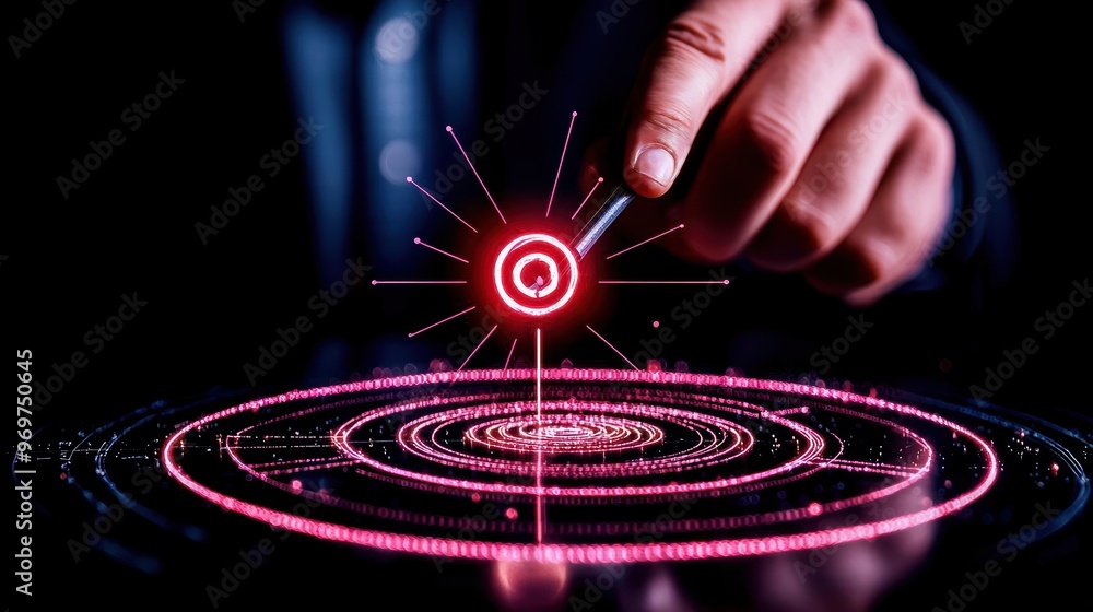 Poster a close-up of a person's finger interacting with a glowing digital target in a futuristic interface.