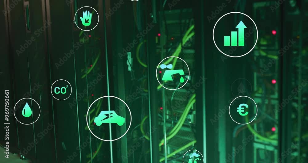 Poster animation of eco icons and digital data processing over computer servers