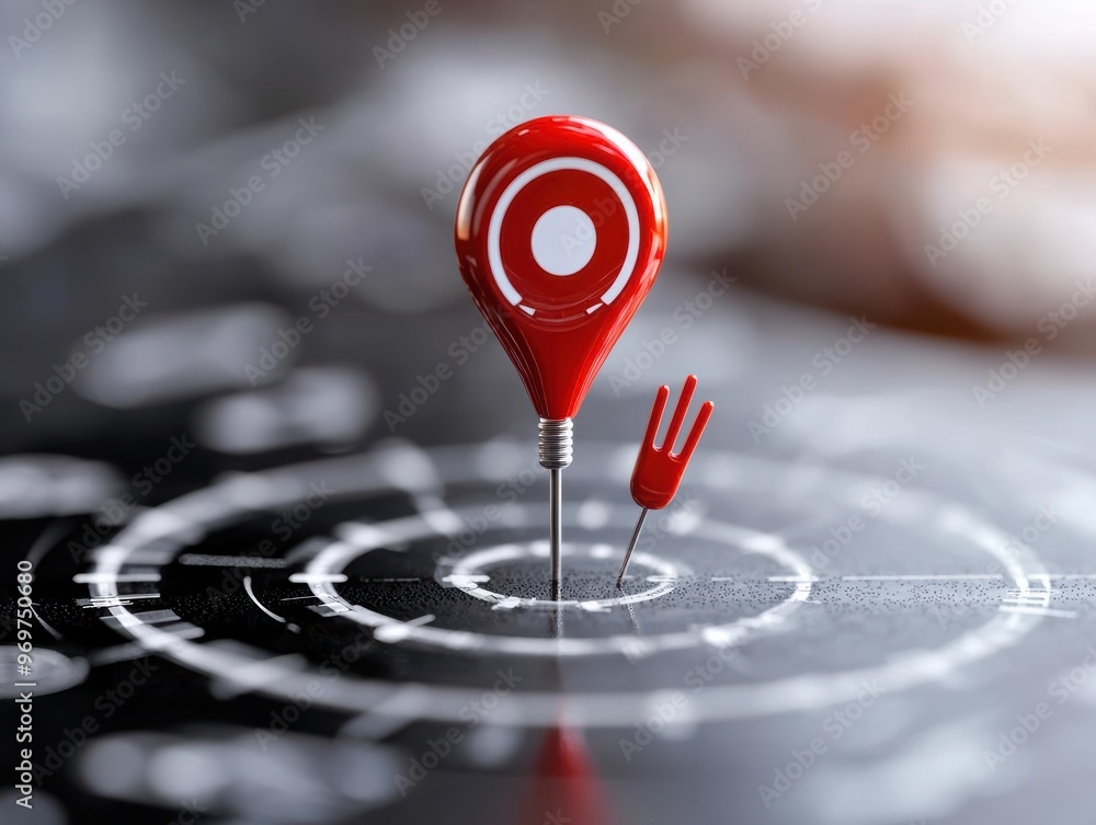 Poster a close-up of a red location pin on a circular map, symbolizing navigation and target location for t