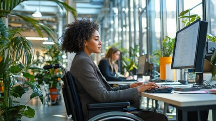Young woman in a wheelchair working in a modern office environment