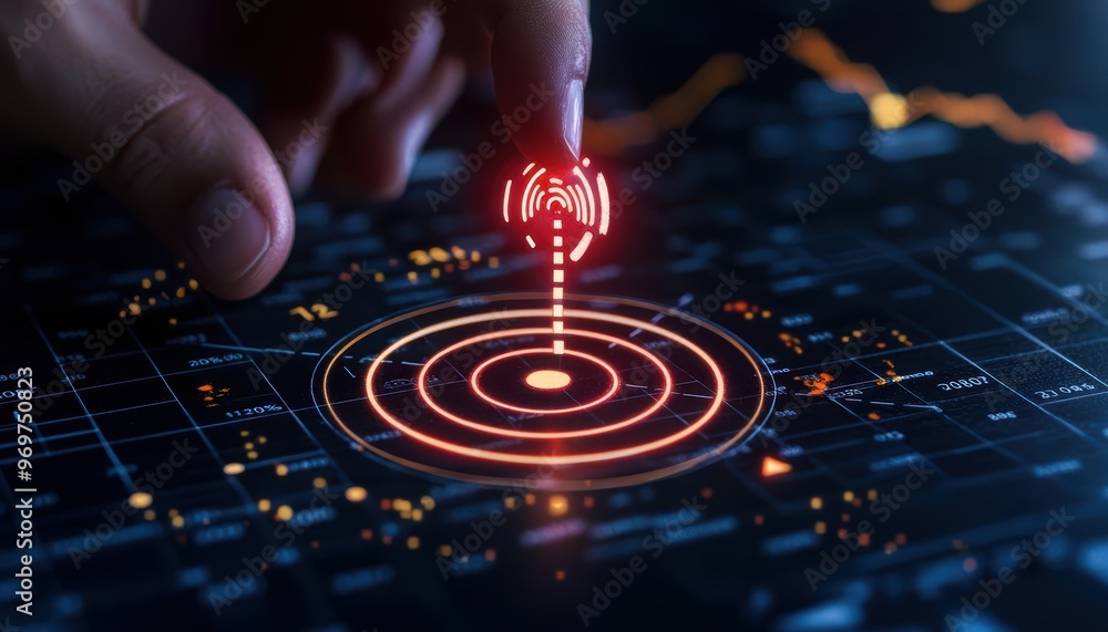 Poster a digital interface showcasing a hand interacting with a red signal on a high-tech map, illustrating