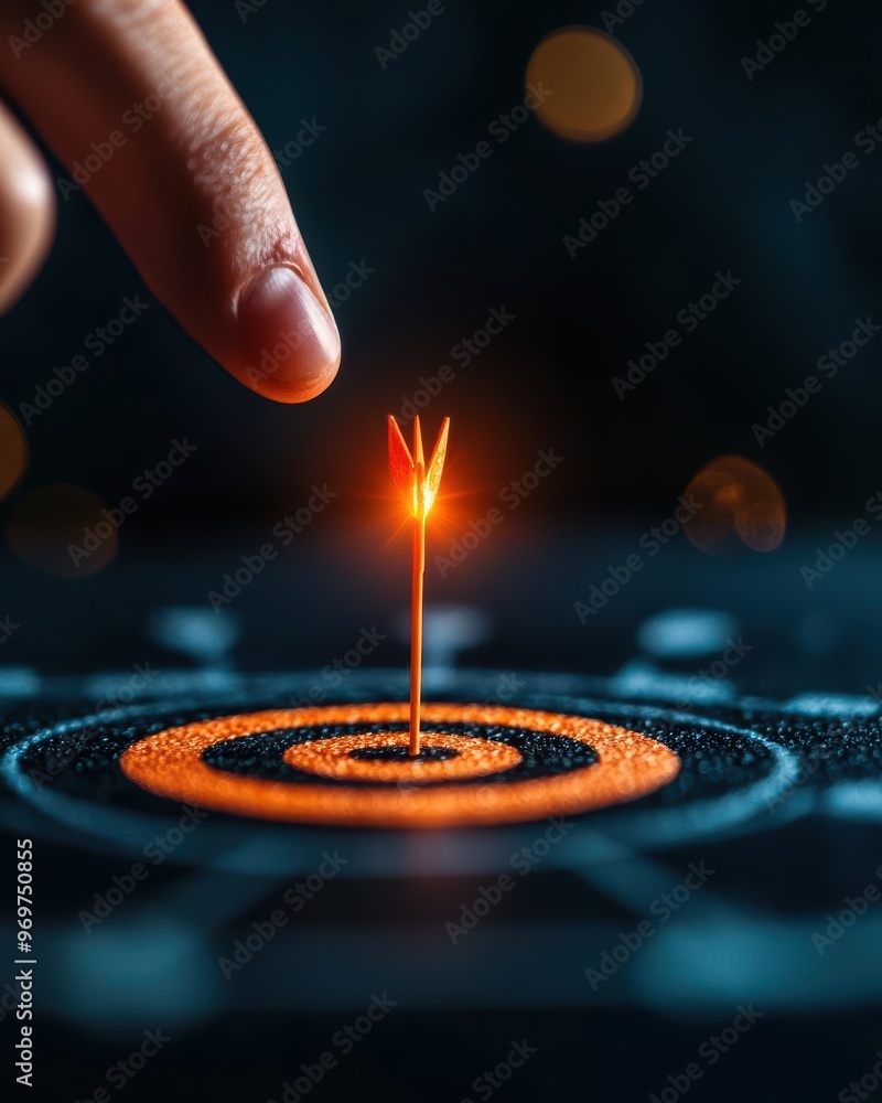 Poster A finger gently touches a glowing arrow targeting the center of a dartboard, symbolizing precision and focus.