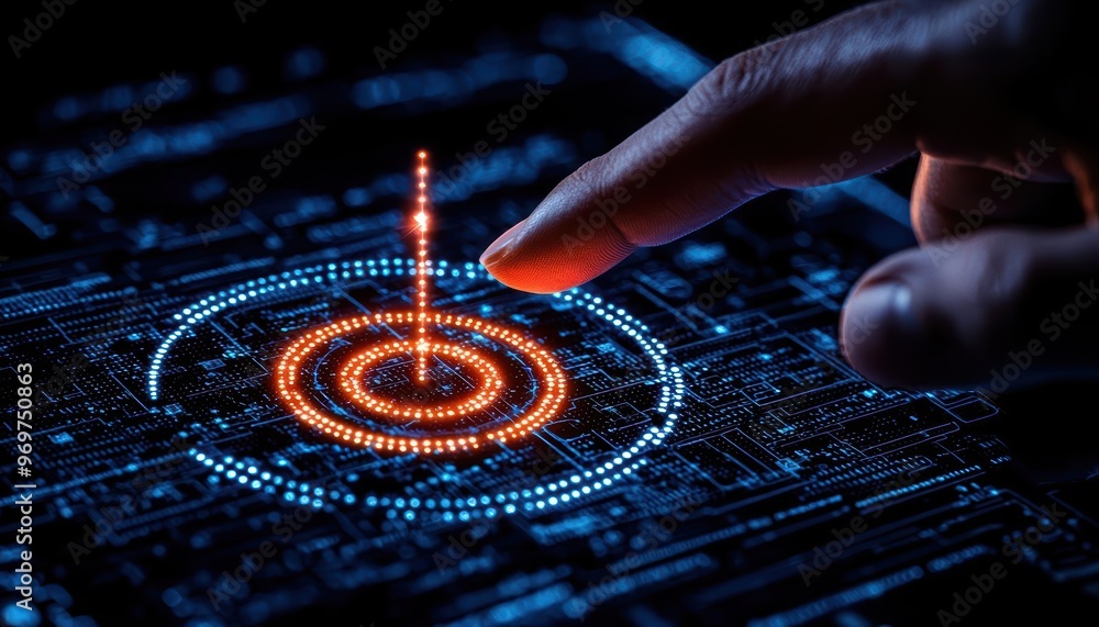 Poster a finger interacts with a digital interface, highlighting a glowing target symbol amidst intricate c