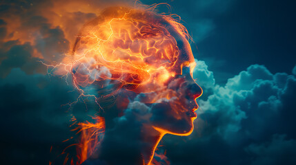 Brainstorming Atmosphere: Brainpower Symbolized in Lightning and Clouds [created with generative AI technology]