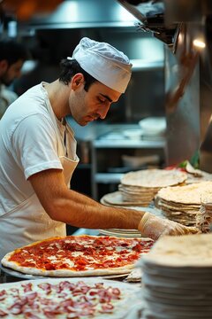 Italian pizza maker preparing pizza in a restaurant kitchen