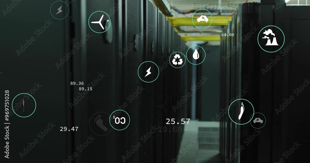 Sticker Animation of eco icons and digital data processing over computer servers