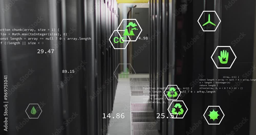 Poster animation of eco icons and digital data processing over computer servers