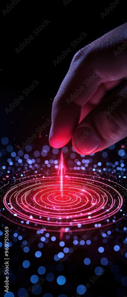 Poster a glowing hand interacts with vibrant red circles, creating an enchanting visual effect against a da